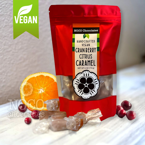 One box of NOCO Chocolates vegan, dairy-free cranberry citrus soft caramel