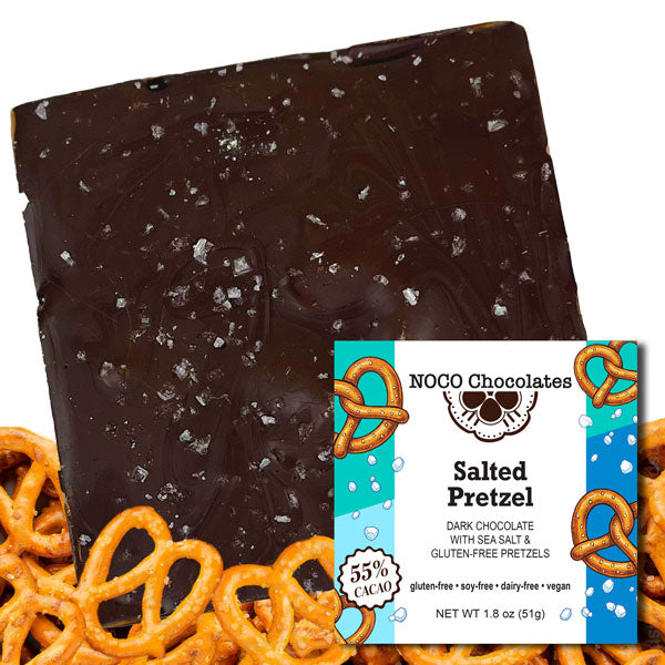 Handcrafted NOCO Chocolates Salted Pretzel Dark Chocolate Bar made with premium 55% dark chocolate and crunchy gluten-free salted pretzel pieces.