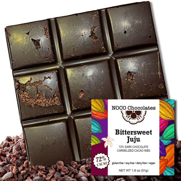 Handcrafted NOCO Chocolates Bittersweet Juju 72% dark chocolate bar topped with crunchy caramelized cacao nibs, vegan, dairy-free, gluten-free artisan chocolate made with all-natural ingredients.