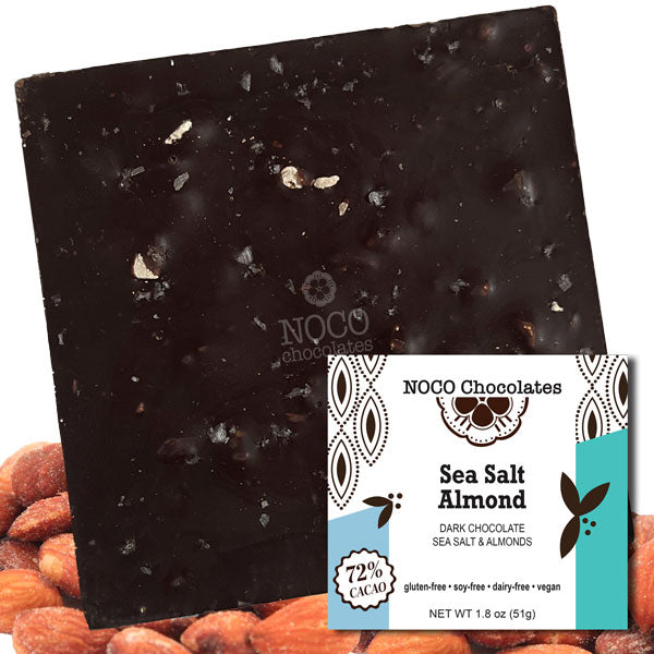 Handcrafted NOCO Chocolates Sea Salt Almond Crunch 72% dark chocolate bar made with roasted almonds and flaky sea salt. Vegan, dairy-free artisan chocolate crafted in Colorado.