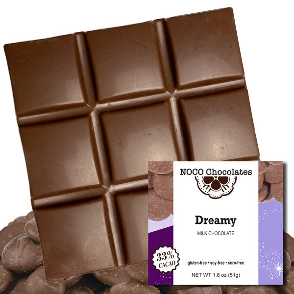 Handcrafted Dreamy Milk Chocolate Bar by NOCO Chocolates featuring creamy premium milk chocolate made with simple all-natural ingredients and real vanilla, handcrafted in Colorado.