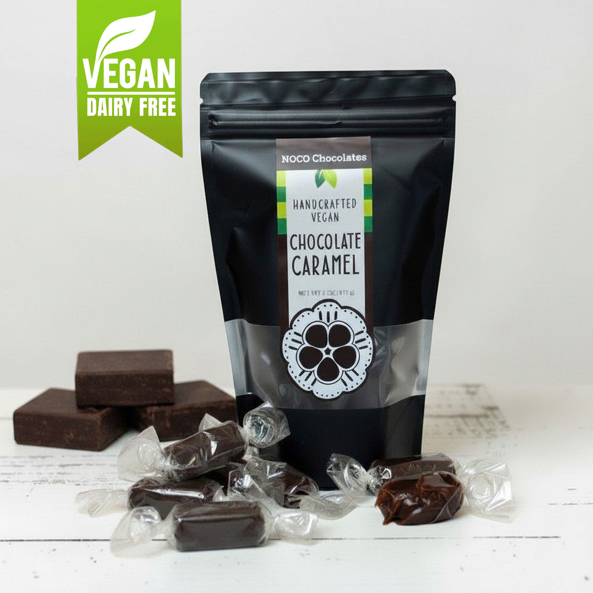 Handcrafted NOCO Chocolates Vegan Chocolate Soft Caramels with rich chocolate flavor and soft chewy dairy-free caramel texture