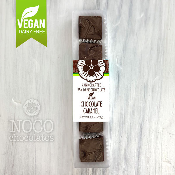 Box of NOCO Chocolates 5-piece dairy-free, vegan dark chocolate covered chocolate caramels