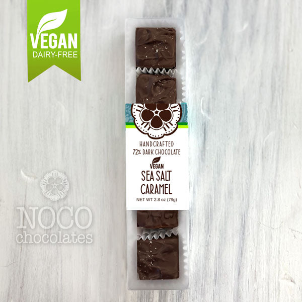 Box of NOCO Chocolates 5-piece dairy-free, vegan dark chocolate covered sea salt caramels
