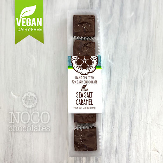Box of NOCO Chocolates 5-piece dairy-free, vegan dark chocolate covered sea salt caramels