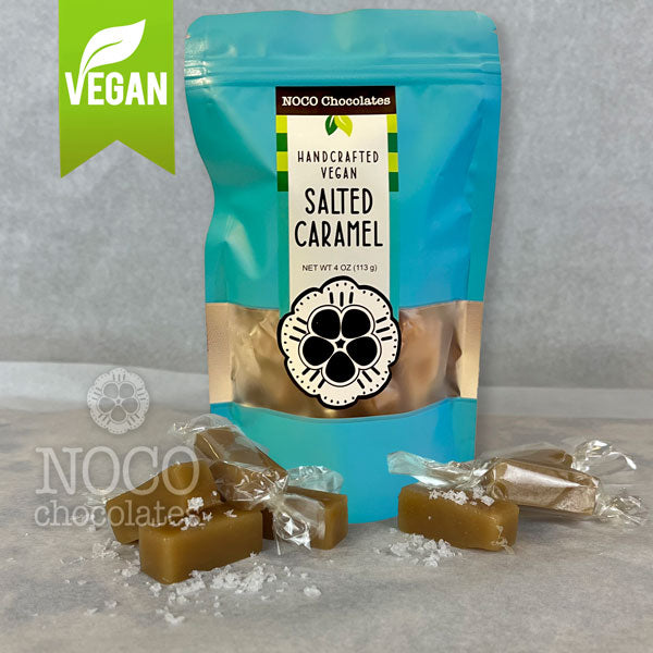 One box of NOCO Chocolates vegan, dairy-free sea salt soft caramels