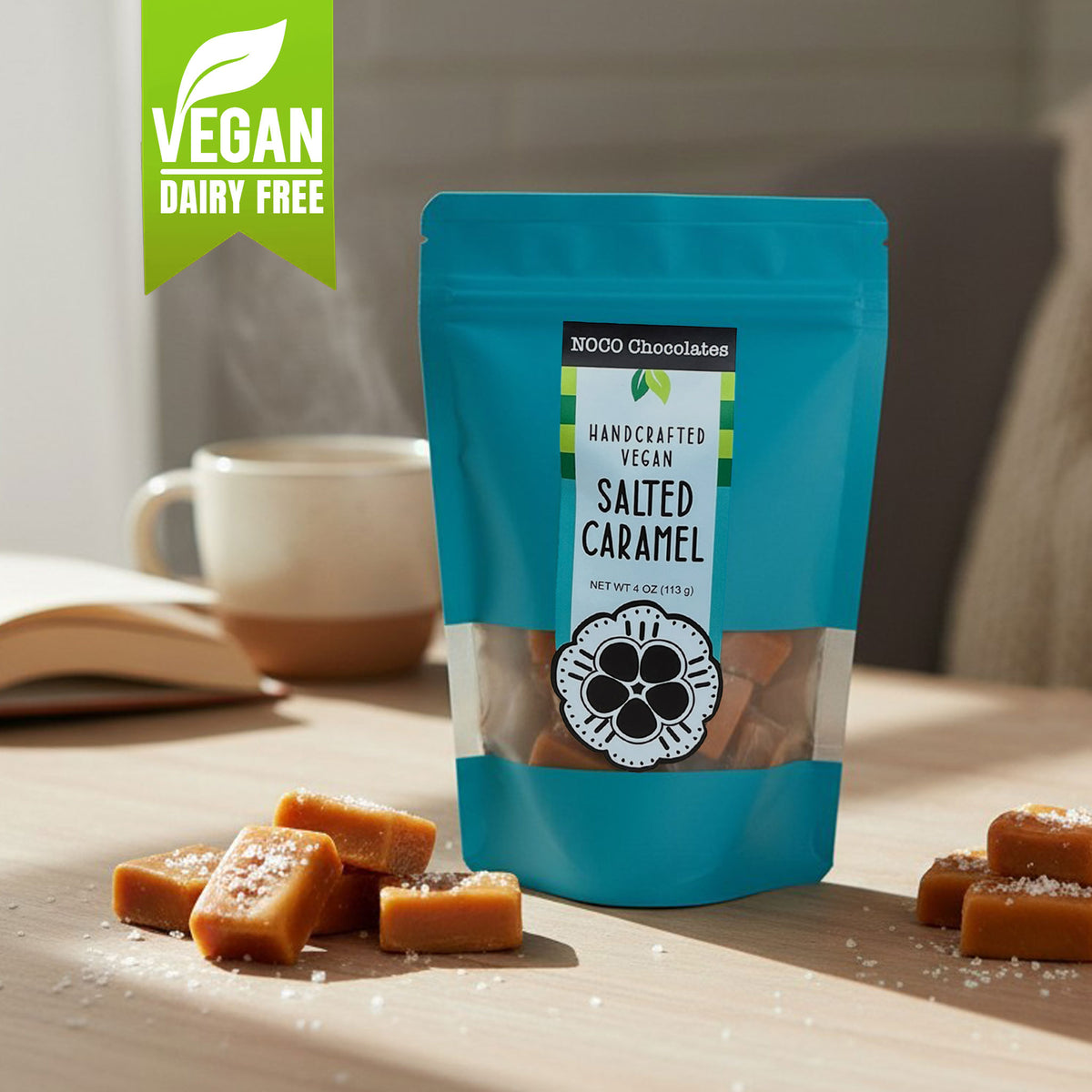 NOCO Chocolates vegan sea salt soft caramels, handcrafted dairy-free chewy caramels with vanilla-forward flavor and sea salt