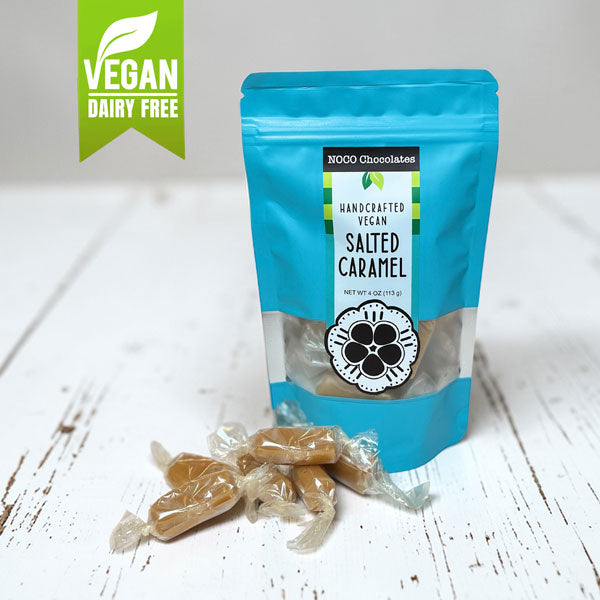 One box of NOCO Chocolates vegan, dairy-free sea salt soft caramels