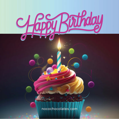 A gift card featuring a vibrant candle on a birthday cupcake with happy birthday written on top. The blue and purple background is festive with colorful dots and swirls denoting celebration.