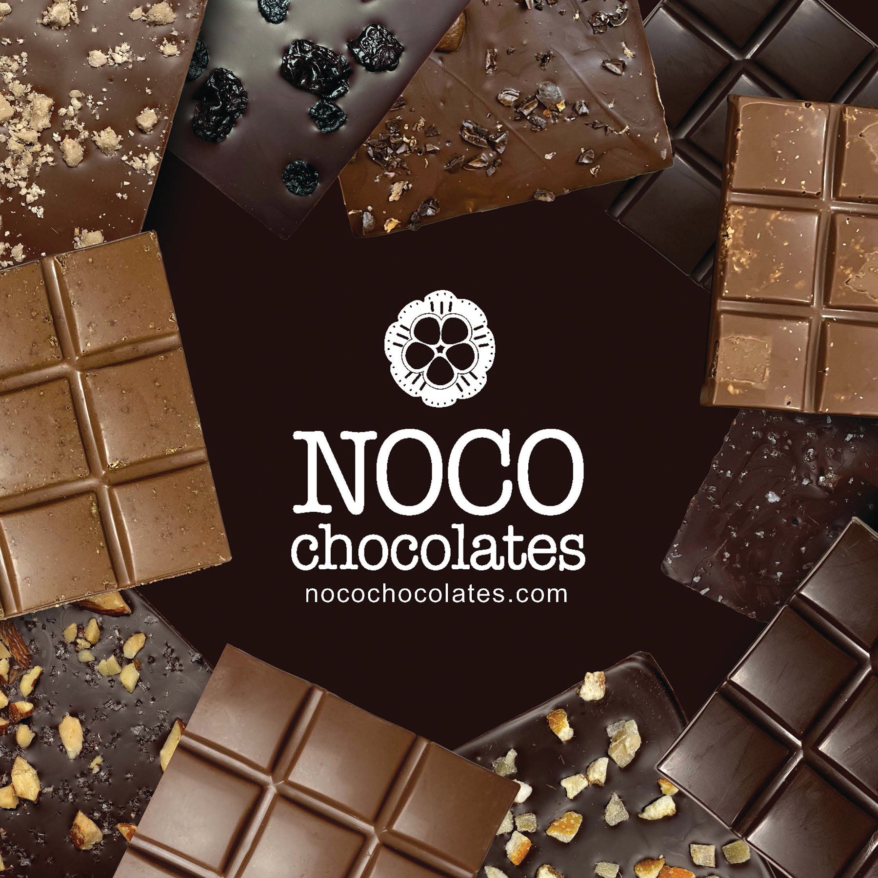 A gift card featuring an assortment of 11 chocolate bars from NOCO Chocolates including milk and dark chocolate bars with various inclusions.