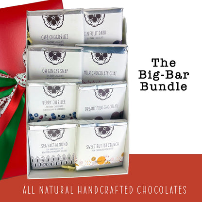 A beautifully arranged assortment of 8 chocolate bars from NOCO Chocolates' Big Bar Bundle Gift Set, featuring milk, dark, and assorted options. Perfect gift for chocolate lovers.