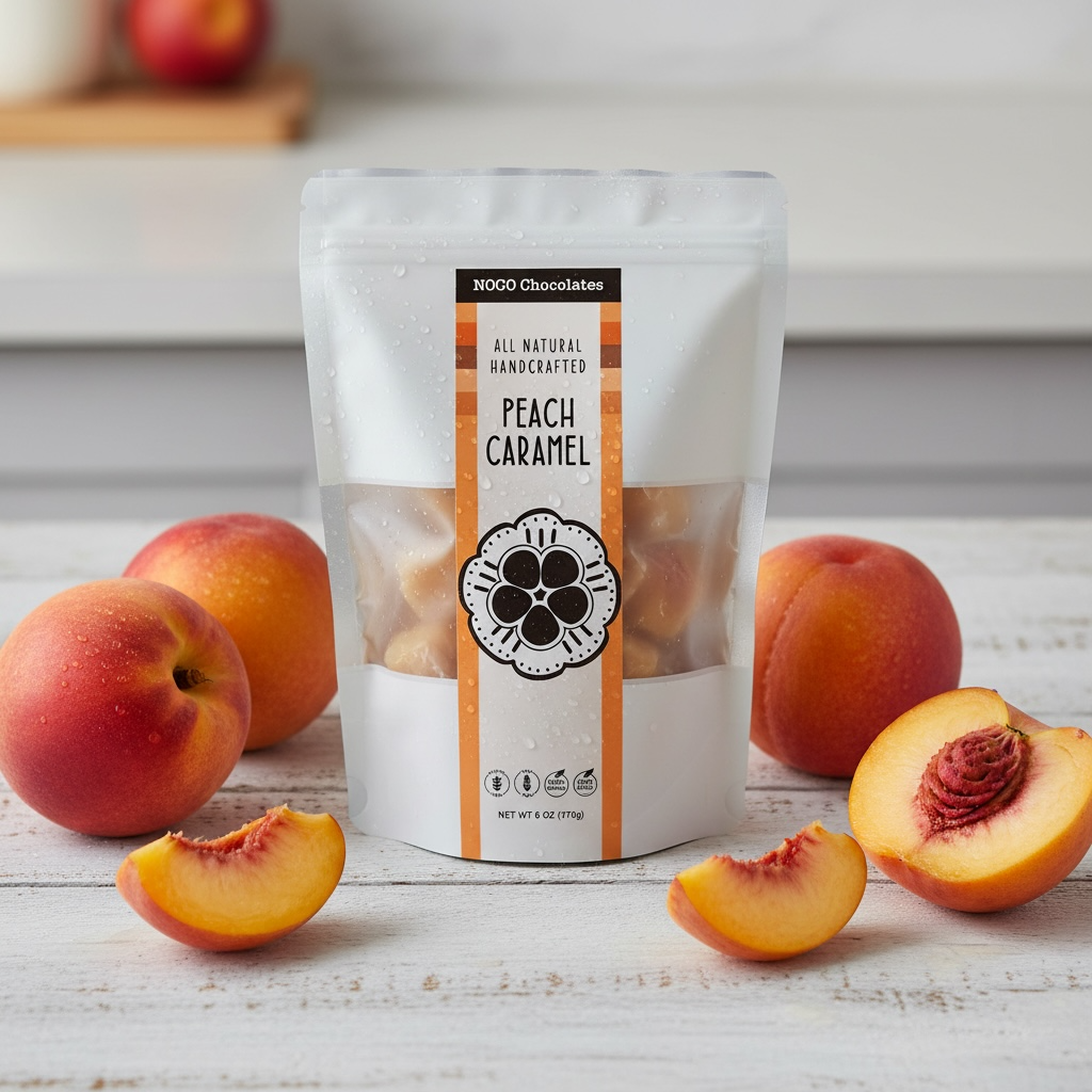 NOCO Chocolates handcrafted Palisade Peach Soft Caramels made with organic Colorado-grown Palisade peaches