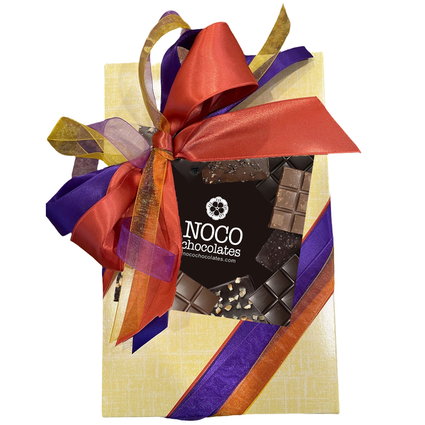 A bright yellow rectangular gift box with colorful ribbon gift wrap. Featuring a chocolate themed NOCO Chocolates gift card featuring 11 chocolate bars in both milk chocolate and dark chocolate bar with various inclusions.