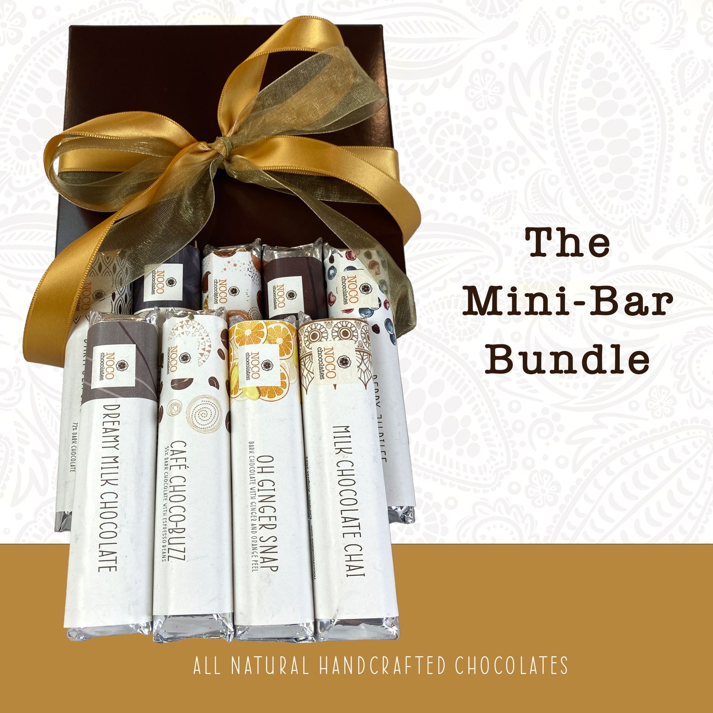 A arranged assortment of 9 snack-size chocolate bars from NOCO Chocolates' Mini Bar Bundle Gift Set, featuring an assortment of milk and dark chocolate options with an array of inclusions. Perfect gift for chocolate lovers.